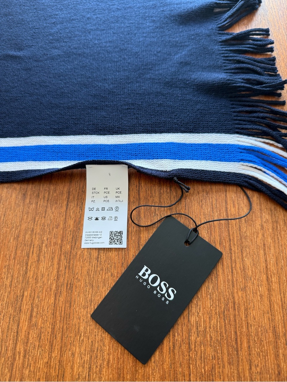 HUGO BOSS Wool Navy Scarf with Blue and White Stripe NWT